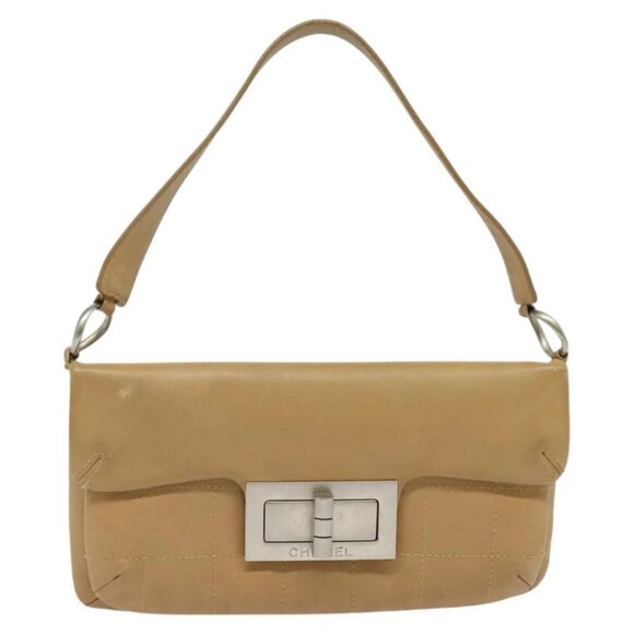 CHANEL Choco Bar Shoulder Bag Lamb Skin Beige Silver CC Auth PP570 - Picture 12 of 15